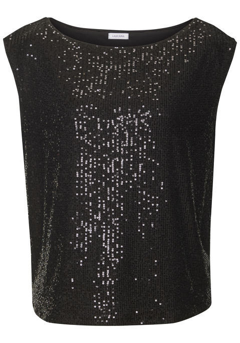 Bild: Paillettenshirt von LASCANA: Unifarbenes Shirt von Lascana im Pailletten-Look. Weiter Rundhalsausschnitt, auch als One-shoulder-Top tragbar. Gerader Saumabschluss. Für besondere Gelegenheiten. Mit Futter aus einem weichen, trageangenehmem Material.