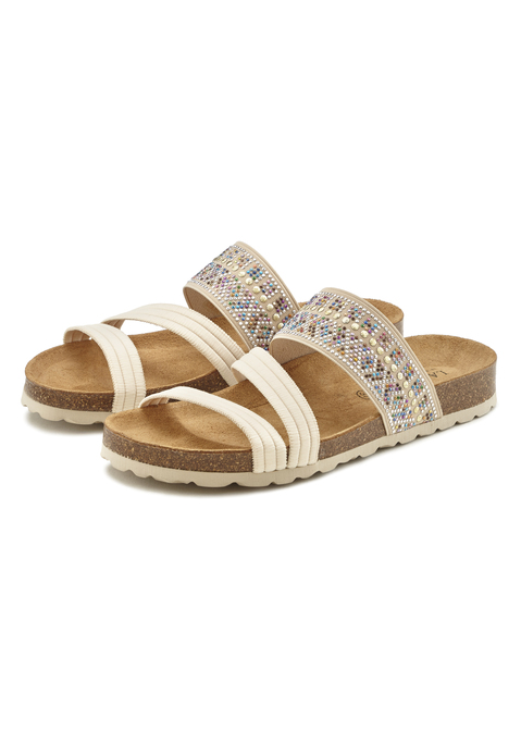 Bild: Pantolette von LASCANA: Pantolette mit Glitzersteinen und Korkfußbett von LASCANA. Obermaterial aus Synthetik und Textil. Futter aus Textil. Decksohle aus Rindsleder. Laufsohle aus Synthetik.