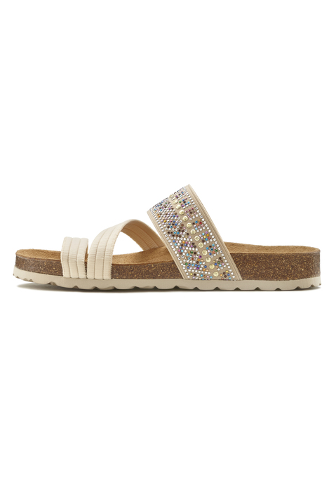 Bild: Pantolette von LASCANA: Pantolette mit Glitzersteinen und Korkfußbett von LASCANA. Obermaterial aus Synthetik und Textil. Futter aus Textil. Decksohle aus Rindsleder. Laufsohle aus Synthetik.