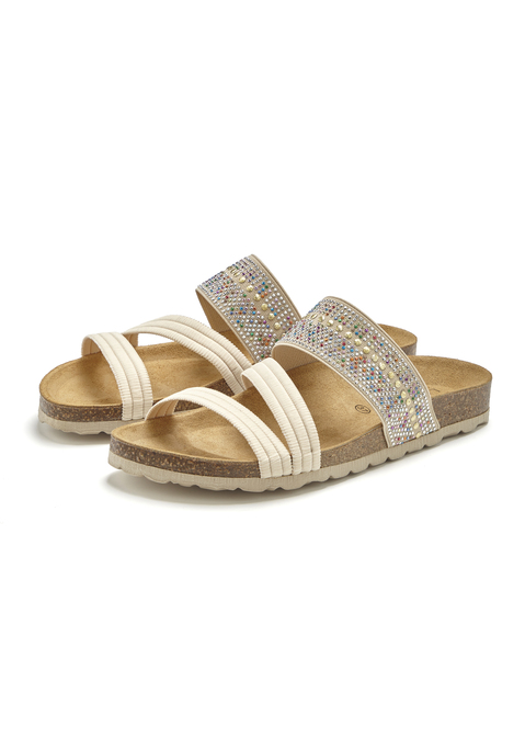 Bild: Pantolette von LASCANA: Pantolette mit Glitzersteinen und Korkfußbett von LASCANA. Obermaterial aus Synthetik und Textil. Futter aus Textil. Decksohle aus Rindsleder. Laufsohle aus Synthetik.