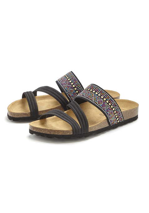 Bild: Pantolette von LASCANA: Pantolette mit Glitzersteinen und Korkfußbett von LASCANA. Obermaterial aus Synthetik und Textil. Futter aus Textil. Decksohle aus Rindsleder. Laufsohle aus Synthetik.