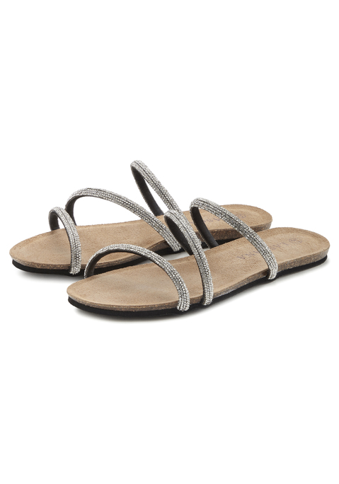 Bild: Pantolette von LASCANA: Pantolette mit Strasssteinchen und Korkfußbett von LASCANA. Made in Spain. Obermaterial und Futter aus Synthetik. Decksohle aus Rindsleder. Laufsohle aus Synthetik.