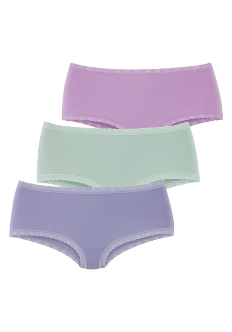 Bild: Panty von LASCANA: Schöne Panty von Lascana im praktischen 3er-Pack. Vielseitig dank unifarbenem Design. Blümchenspitze am Bund und Beinausschnitt für einen verspielten Akzent. Tolle Single-Jersey-Qualität mit Modal für ein glattes und weiches Tragegefühl.