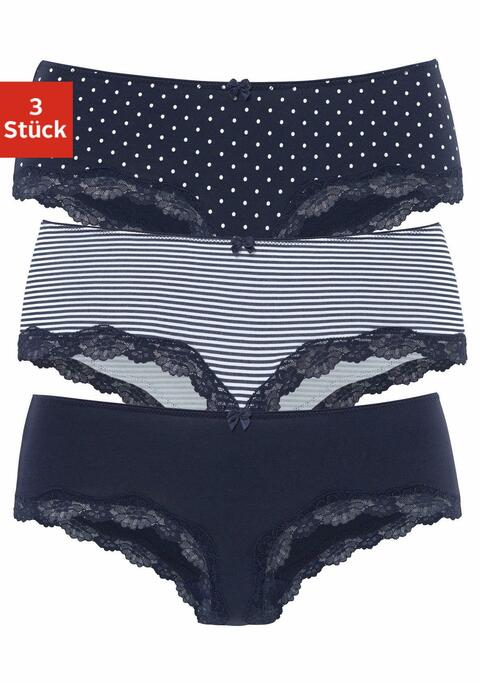 Bild: Panty von LASCANA: Lascana Hipster im 3er-Pack. Mit kleiner Zierschleife vorn. Zarte Spitze am Beinausschnitt. Aus weicher Baumwoll-Stretch-Qualität.