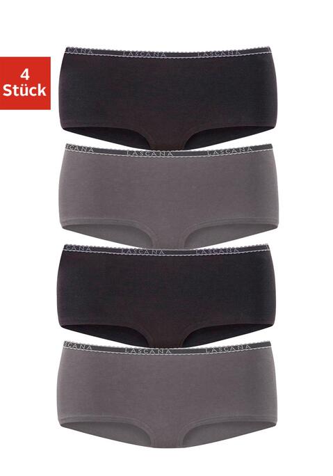 Bild: Panty von LASCANA: Bequeme Pantys von Lascana im praktischen 4er-Pack. Weiches Logobündchen mit kontrastfarbener Muschelborte. Flache Beinabschlüsse. Aus angenehm elastischer Baumwolle.