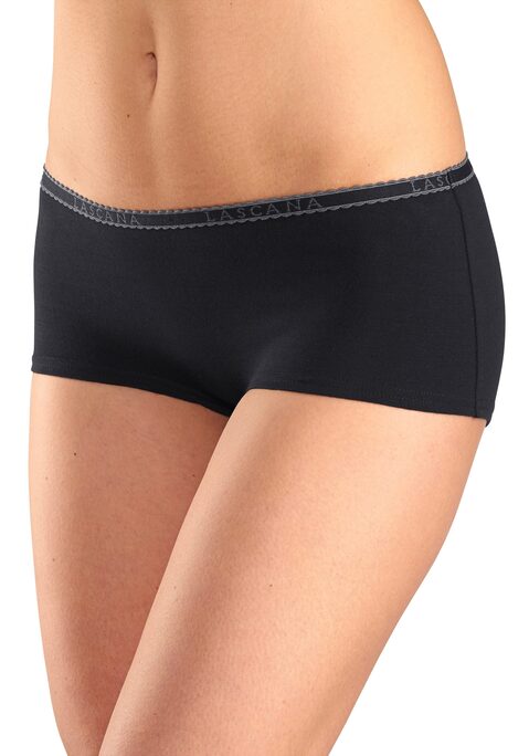 Bild: Panty von LASCANA: Bequeme Pantys von Lascana im praktischen 4er-Pack. Weiches Logobündchen mit kontrastfarbener Muschelborte. Flache Beinabschlüsse. Aus angenehm elastischer Baumwolle.