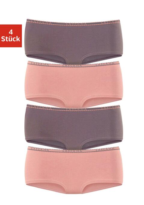 Bild: Panty von LASCANA: Bequeme Pantys von Lascana im praktischen 4er-Pack. Weiches Logobündchen mit kontrastfarbener Muschelborte. Flache Beinabschlüsse. Aus angenehm elastischer Baumwolle.