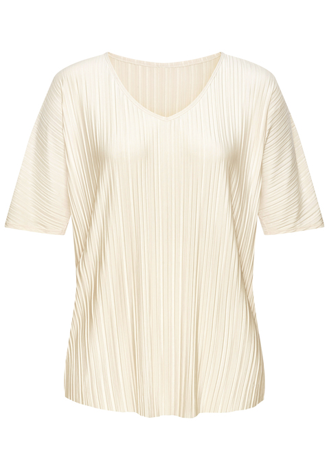 Bild: Plisseeshirt von LASCANA: Unifarbenes Shirt von Lascana aus schimmernder Jerseyware mit feinen Plisseefalten, V-Ausschnitt und kurzen Fledermausärmeln. Hüftbedeckende Länge, figurumspielende Passform. Vielseitig kombinierbar. Angenehmer, fließender Materialmix.