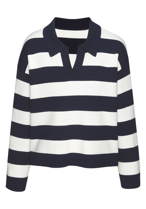 Bild: Polokragenpullover von LASCANA: Pullover von Lascana mit Polokragen. Markante Blockstreifen. V-Ausschnitt mit Kragen, kastige Passform, lange Ärmel. Weiche Strickqualität.