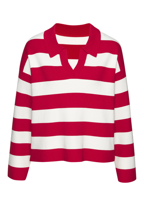 Bild: Polokragenpullover von LASCANA: Pullover von Lascana mit Polokragen. Markante Blockstreifen. V-Ausschnitt mit Kragen, kastige Passform, lange Ärmel. Weiche Strickqualität.