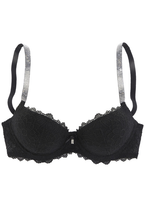 Bild: Push-up-BH von LASCANA: Verführerischer Push-up-BH mit hochwertigen Strassträgern und hübschem Glitzeraccessoire vorne mittig. Cups mit edler Stickereispitze überzogen. Rücken aus weichem Microtouch-Material. Individuell verstellbare Träger sowie Rückenverschluss. Mit Liebe & Leidenschaft in Hamburg kreiert. Aus 62% Polyamid, 28% Polyester, 10% Elasthan.
