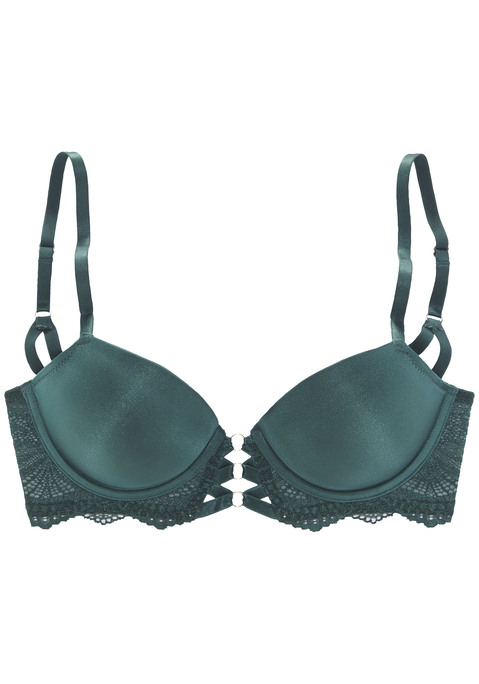 Bild: Push-up-BH von LASCANA: Femininer Push-up-BH mit feiner Schnürung in edler Satin-Optik und zartem Bänderdetail. Nahtlos vorgeformten Cups mit herausnehmbaren Kissen - für ein tolles Dekolleté. Mit hübscher, dezent transparenter Spitze an den Seiten und vorne mittig. Individuell verstellbare Träger sowie Rückenverschluss. Mit Liebe & Leidenschaft in Hamburg kreiert. Obermaterial: 60% Polyamid, 35% Polyester, 5% Elasthan.