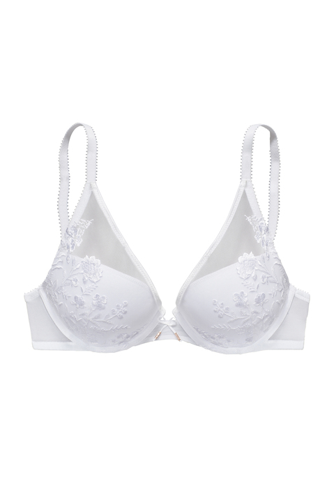 Bild: Push-up-BH von LASCANA: Femininer Push-up-BH mit Bügel im edlen High-Apex Look. Cups mit bunten Blumen aus feiner Stickereispitze verziert. Mit feiner Zierschleife und hübschen Accessoires in der vorderen Mitte. Individuell verstellbare Träger sowie Rückenverschluss. Mit Liebe & Leidenschaft in Hamburg kreiert. Obermaterial: 72% Polyamid, 24% Polyester, 4% Elasthan.