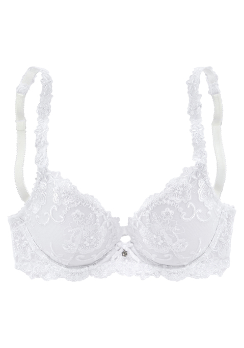 Bild: Push-up-BH von LASCANA: Femininer Push-up-BH mit feiner Zierschleife und hübschem Glitzeraccessoire. Mit Stickereispitze in floraler Optik und weichem Mesh. Mit eingearbeitetem Polster im Untercup - für ein tolles Dekolleté. Träger sowie Rückenverschluss individuell verstellbar. Mit Liebe & Leidenschaft in Hamburg kreiert. Sexy Dessous. Spitzen-Dessous. Romantische Dessous. Verspielte Dessous. Obermaterial: 77% Polyamid, 13% Polyester, 10% Elasthan.