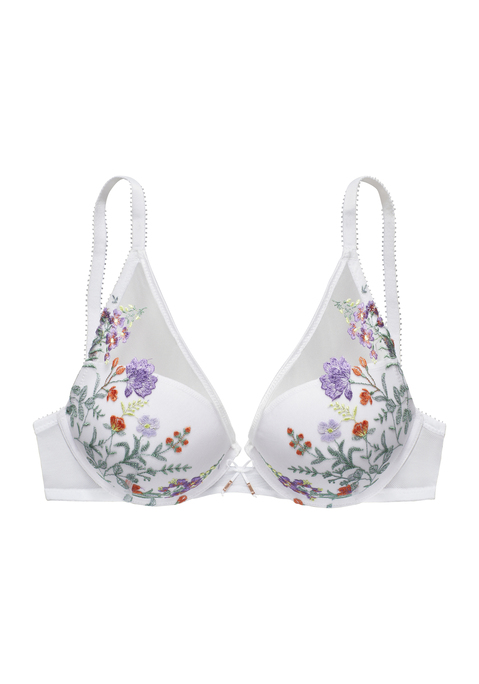 Bild: Push-up-BH von LASCANA: Femininer Push-up-BH mit Bügel im edlen High-Apex Look. Cups mit bunten Blumen aus feiner Stickereispitze verziert. Mit feiner Zierschleife und hübschen Accessoires in der vorderen Mitte. Individuell verstellbare Träger sowie Rückenverschluss. Mit Liebe & Leidenschaft in Hamburg kreiert. Obermaterial: 72% Polyamid, 24% Polyester, 4% Elasthan.