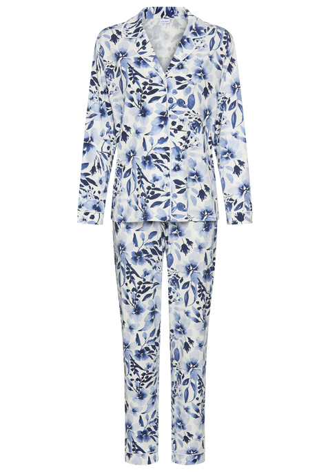 Bild: Pyjama von LASCANA: Pyjama von Lascana. Langarmshirt mit Reverskragen und durchgehender Knopfleiste mit Kontrastpaspel. Lange Hose mit elastischem Bund und Eingriffstaschen. Single Jersey Qualität aus Baumwollmischung.
