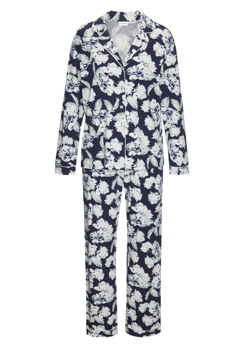 Bild: Pyjama von LASCANA: Eleganter Pyjama von Lascana mit reizvollem Blumenmuster. Klassischer Schnitt mit Reverskragen und durchgehender Knopfleiste. Bequemer Gummizugbund für angenehmen Tragekomfort. Ideal für angenehme Nachtruhe. Single-Jersey aus einer trageangenehmen Baumwoll-Viskose-Mischung.