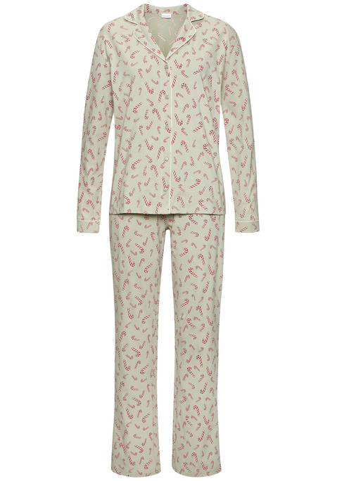 Bild: Pyjama von LASCANA: Gemütlicher Pyjama von Lascana. Oberteil mit klassischem Reverskragen und durchgehender Knopfleiste. Modische Hose mit Allovermuster. Verfügt über praktische Eingrifftaschen und bequemen Gummizugbund. Angenehme Baumwollqualität aus Single-Jersey.