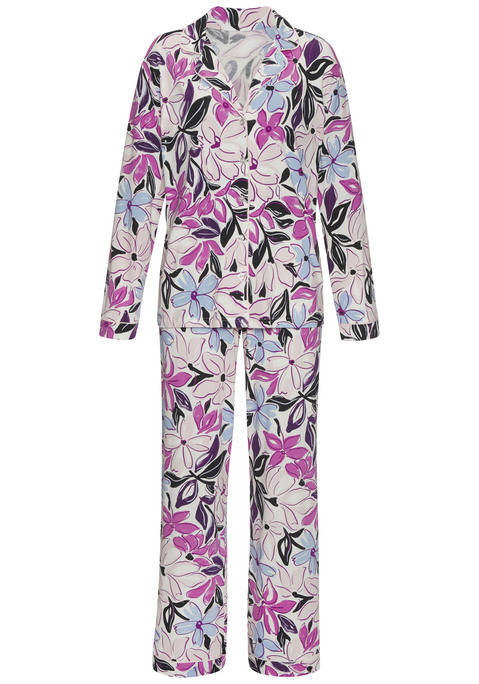 Bild: Pyjama von LASCANA: Klassisch geschnittener Pyjama mit Allovermuster von Lascana. Oberteil mit Reverskragen und durchgehender Knopfleiste. Lange Hose mit elastischem Tunnelzugbund. Trageangenehme Baumwoll-Qualität.