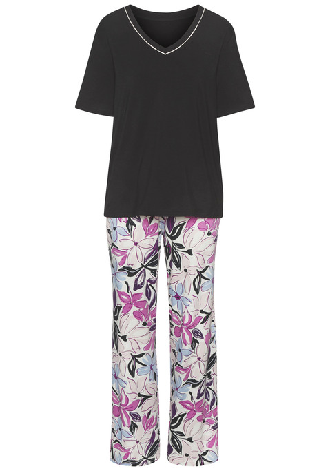 Bild: Pyjama von LASCANA: Pyjama von Lascana. Unifarbenes T-Shirt mit glänzender Kontrastpaspel am V-Ausschnitt und halben Ärmeln. Floral bedruckte Hose mit elastischem Tunnelzugbund. Weiche Viskosemischung.