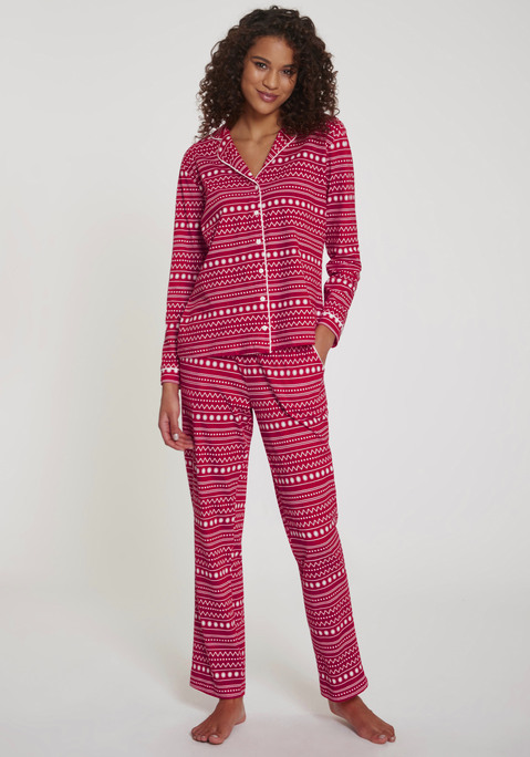 Bild: Pyjama von LASCANA: Klassischer Pyjama von Lascana mit Alloverprint. Langarmshirt mit Reverskragen und Knopfleiste. Schlupfhose mit elastischem Tunnelzugbund und Taschen. Bequem geschnitten. Single-Jersey Qualität aus 100% Baumwolle.