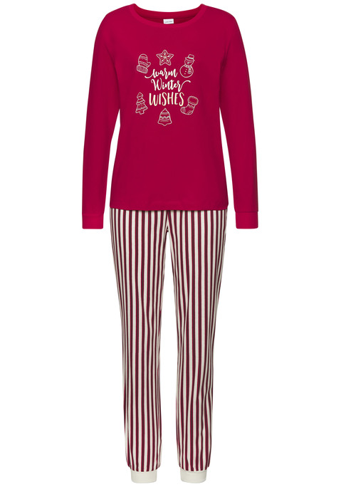 Bild: Pyjama von LASCANA: Weihnachtlicher langer Pyjama von Lascana. Longsleeve mit Rundhalsausschnitt und schönem Frontprint. Lange Hose mit Gummizugbund und Allover-Muster. Hergestellt aus angenehmer Baumwollqualität.