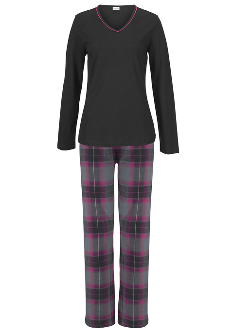 Bild: Pyjama von LASCANA: Langarmshirt aus weichem Single-Jersey mit schöner Kontrastpaspel am V-Ausschnitt. Lange Hose in kuschelweicher Flanell-Qualität mit Karodesign und elastischem Tunnelzugbund. Gewebte Flanell-Qualität.  Alles aus 100% Baumwolle.