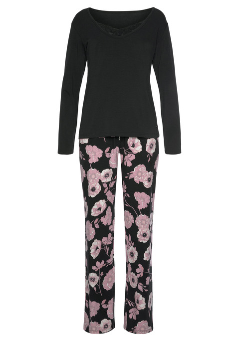 LASCANA Damen Pyjama schwarz-rosa-geblümt Gr.32/34