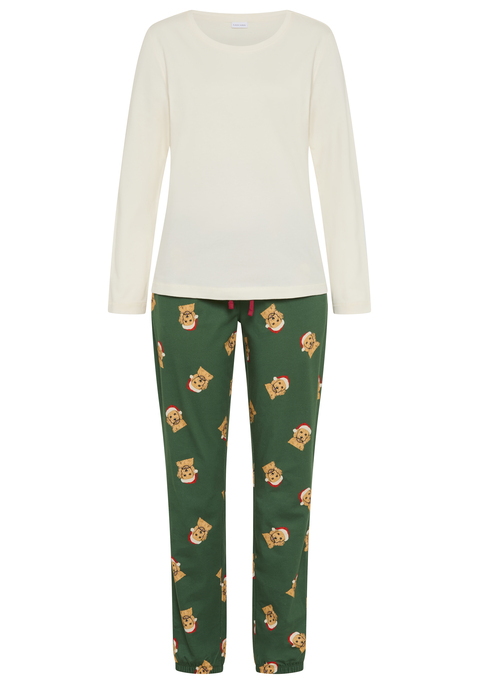 Bild: Pyjama von LASCANA: Pyjama mit süßem Weihnachts-Hunde-Print. Schlichtes Langarm-Shirt mit Rundhalsausschnitt. Lange, bedruckte Hose mit elastischem Bund mit Kontrastband. Single Jersey aus reiner Baumwolle.
