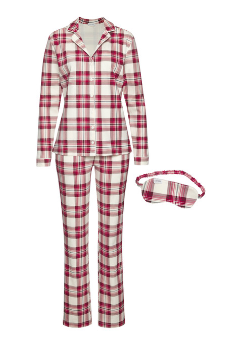 Bild: Pyjama von LASCANA: Pyjama von Lascana mit passender Schlafbrille und Karomuster. Langärmeliges Shirt mit Reverskragen, Knopfleiste und Manschetten. Lange Schlupfhose mit Tunnelzugbund. Bequeme Passform. In schöner Geschenkverpackung. Angenehme Qualität aus 100% Baumwolle.