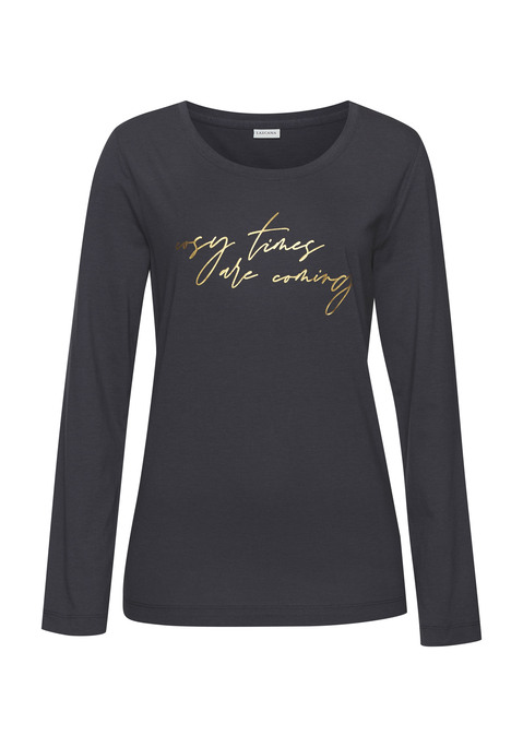 Bild: Pyjamaoberteil von LASCANA: Weiches Schlafshirt von Lascana mit Foliendruck vorn. Rundhalsausschnitt und lange Ärmel. Bequemer Schnitt. Trageangenehmer Baumwoll-Viskose-Jersey.