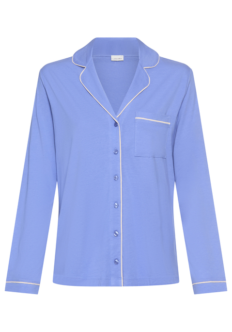 Bild: Pyjamaoberteil von LASCANA: Unifarbenes Langarm-Schlafshirt von Lascana mit klassischem Reverskragen und durchgehender Knopfleiste. Kontrastfarbene Elemente an Kragen, Bündchen, der aufgesetzten Tasche vorn und an der Knopfleiste. Legere Passform. Single-Jersey aus einer weichen Baumwollmischung.
