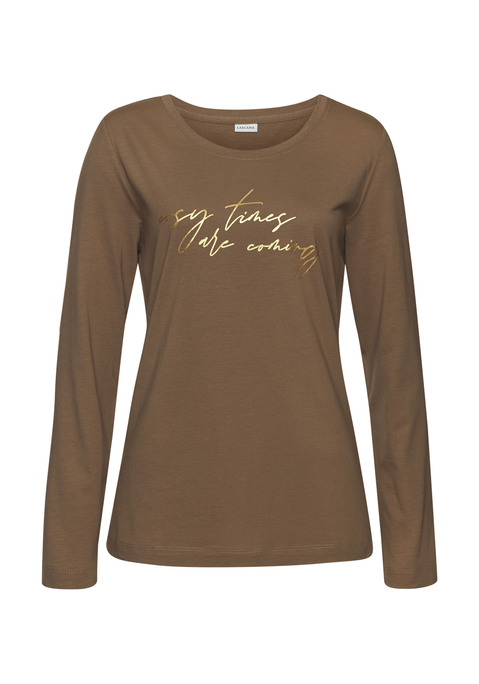 Bild: Pyjamaoberteil von LASCANA: Weiches Schlafshirt von Lascana mit Foliendruck vorn. Rundhalsausschnitt und lange Ärmel. Bequemer Schnitt. Trageangenehmer Baumwoll-Viskose-Jersey.