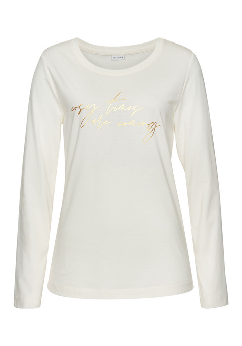 Bild: Pyjamaoberteil von LASCANA: Weiches Schlafshirt von Lascana mit Foliendruck vorn. Rundhalsausschnitt und lange Ärmel. Bequemer Schnitt. Trageangenehmer Baumwoll-Viskose-Jersey.