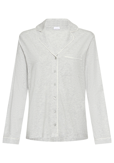 Bild: Pyjamaoberteil von LASCANA: Unifarbenes Langarm-Schlafshirt von Lascana mit klassischem Reverskragen und durchgehender Knopfleiste. Kontrastfarbene Elemente an Kragen, Bündchen, der aufgesetzten Tasche vorn und an der Knopfleiste. Legere Passform. Single-Jersey aus einer weichen Baumwollmischung.