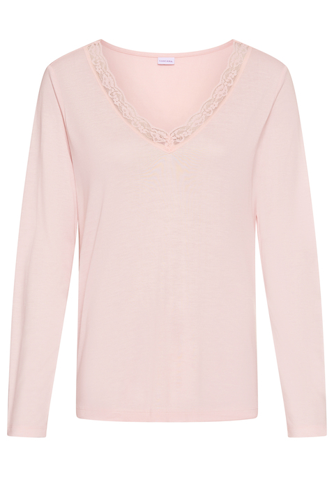 Bild: Pyjamaoberteil von LASCANA: Unifarbenes Langarmshirt von Lascana. Tiefer V-Ausschnitt mit zartem Spitzenbesatz. Figurumspielende Passform. Vielseitig kombinierbar. Weicher Single-Jersey aus Viskose.