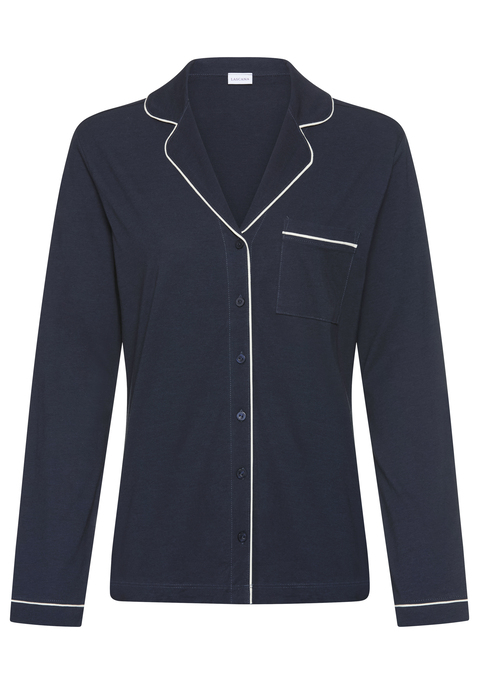 Bild: Pyjamaoberteil von LASCANA: Unifarbenes Langarm-Schlafshirt von Lascana mit klassischem Reverskragen und durchgehender Knopfleiste. Kontrastfarbene Elemente an Kragen, Bündchen, der aufgesetzten Tasche vorn und an der Knopfleiste. Legere Passform. Single-Jersey aus einer weichen Baumwollmischung.