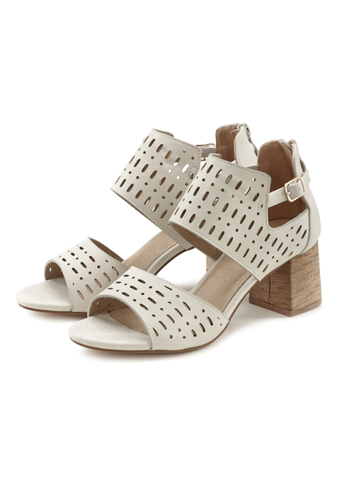 Bild: Riemchensandalette von LASCANA: Modische Sandalette mit Cut-outs VEGAN von LASCANA. Absatzhöhe ca. 6 cm. Obermaterial, Futter und Decksohle aus Lederimitat. Laufsohle aus Synthetik.
