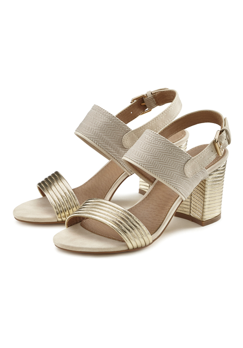 Bild: Riemchensandalette von LASCANA: Sandalette VEGAN von LASCANA. Obermaterial aus Textil und Lederimitat. Futter und Decksohle aus Lederimitat. Laufsohle aus Synthetik. Absatzhöhe ca. 7 cm.