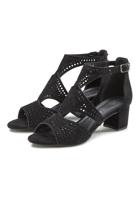 Bild: Riemchensandalette von LASCANA: Sandalette mit Cut-Outs VEGAN von LASCANA. Absatzhöhe ca. 5,0 cm. Obermaterial aus Microfaser. Futter und Decksohle aus Lederimitat. Laufsohle aus Synthetik.
