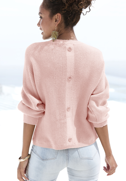 Bild: Rundhalspullover von LASCANA: Bequemer Pullover von Lascana mit langen Fledermausärmeln. Zierknöpfe an der Rückseite. Gerader Saum. Figurumspielende Passform. Pflegeleichter Materialmix mit Viskose-Anteil und weichem Griff.