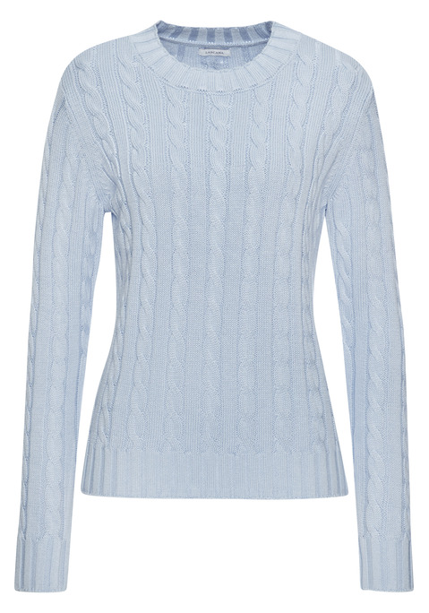 Bild: Rundhalspullover von LASCANA: Unifarbener Zopfpullover von Lascana mit Rundhalsausschnitt und langen Ärmeln. Klassisches Zopfmuster. Gerade, figurumspielende Passform mit hüftlangem Schnitt. Rippbündchen an Ärmeln und Saum. Vielseitig kombinierbar – ideal für Frühling, Herbst oder kühle Sommerabende. Weiche Strickqualität.