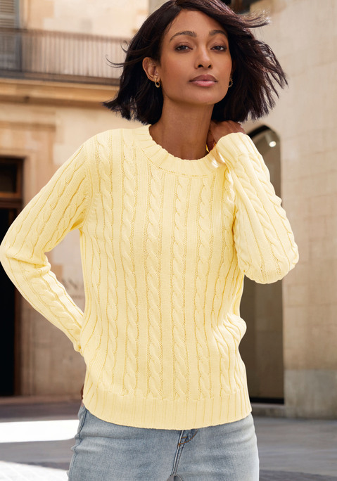 Bild: Rundhalspullover von LASCANA: Unifarbener Zopfpullover von Lascana mit Rundhalsausschnitt und langen Ärmeln. Klassisches Zopfmuster. Gerade, figurumspielende Passform mit hüftlangem Schnitt. Rippbündchen an Ärmeln und Saum. Vielseitig kombinierbar – ideal für Frühling, Herbst oder kühle Sommerabende. Weiche Strickqualität.