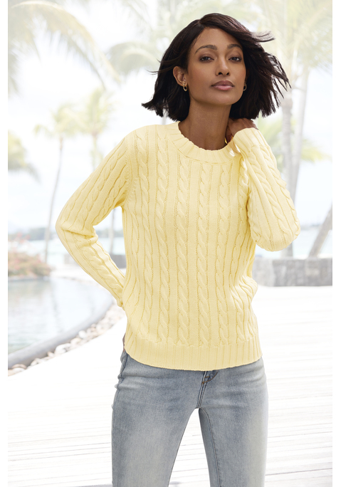 Bild: Rundhalspullover von LASCANA: Unifarbener Zopfpullover von Lascana mit Rundhalsausschnitt und langen Ärmeln. Klassisches Zopfmuster. Gerade, figurumspielende Passform mit hüftlangem Schnitt. Rippbündchen an Ärmeln und Saum. Vielseitig kombinierbar – ideal für Frühling, Herbst oder kühle Sommerabende. Weiche Strickqualität.