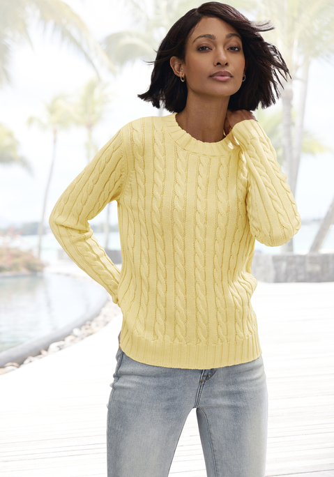 Bild: Rundhalspullover von LASCANA: Unifarbener Zopfpullover von Lascana mit Rundhalsausschnitt und langen Ärmeln. Klassisches Zopfmuster. Gerade, figurumspielende Passform mit hüftlangem Schnitt. Rippbündchen an Ärmeln und Saum. Vielseitig kombinierbar – ideal für Frühling, Herbst oder kühle Sommerabende. Weiche Strickqualität.