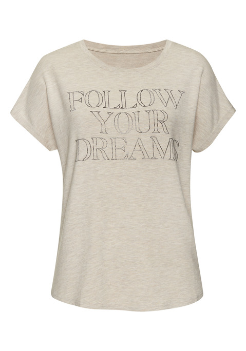 Bild: Rundhalsshirt von LASCANA: T-Shirt von Lascana mit Schmuckstein-Schriftzug vorn. Rundhalsausschnitt. Weiche Viskosequalität.