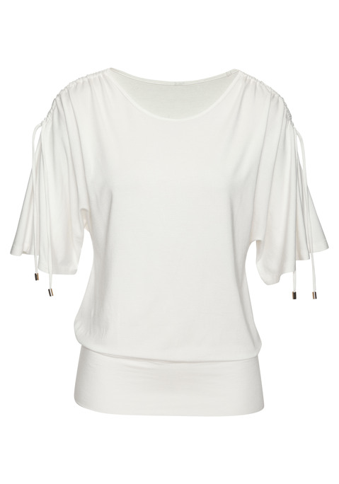 Bild: Rundhalsshirt von LASCANA: Shirt von Lascana. Raffung mit Bindebändern an den Schultern für eine individuelle Ärmellänge – kurzärmelig oder halblang. Breiter Bund am Saum für zwei Tragevarianten – lang oder kürzer geschoppt. Figurumspielende Passform. Rundhalsausschnitt. Hochwertige Viskosequalität.
