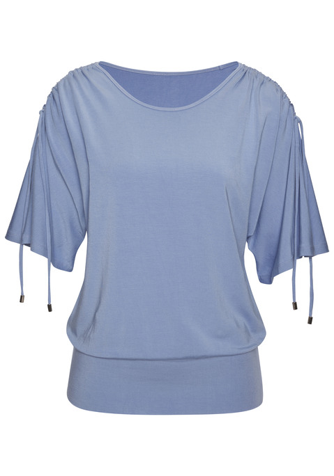 Bild: Rundhalsshirt von LASCANA: Shirt von Lascana. Raffung mit Bindebändern an den Schultern für eine individuelle Ärmellänge – kurzärmelig oder halblang. Breiter Bund am Saum für zwei Tragevarianten – lang oder kürzer geschoppt. Figurumspielende Passform. Rundhalsausschnitt. Hochwertige Viskosequalität.