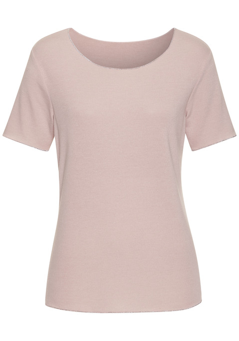 Bild: Rundhalsshirt von LASCANA: Unifarbenes T-Shirt von Lascana mit feiner Glitzerkante an Rundhalsausschnitt, Saum und Ärmelabschluss. Lockere Passform. Gut kombinierbar. Softes Material mit Viskose.