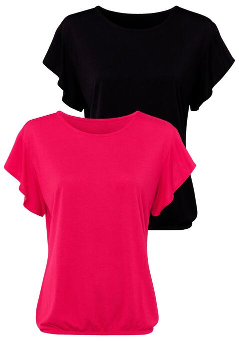 Bild: Rundhalsshirt von LASCANA: Lascana: T-Shirt im 2er-Pack mit luftigen Volantärmeln. Gummizug im Bund für eine lockere Passform. Weiche Qualität aus 65% Polyester, 35% Viskose.